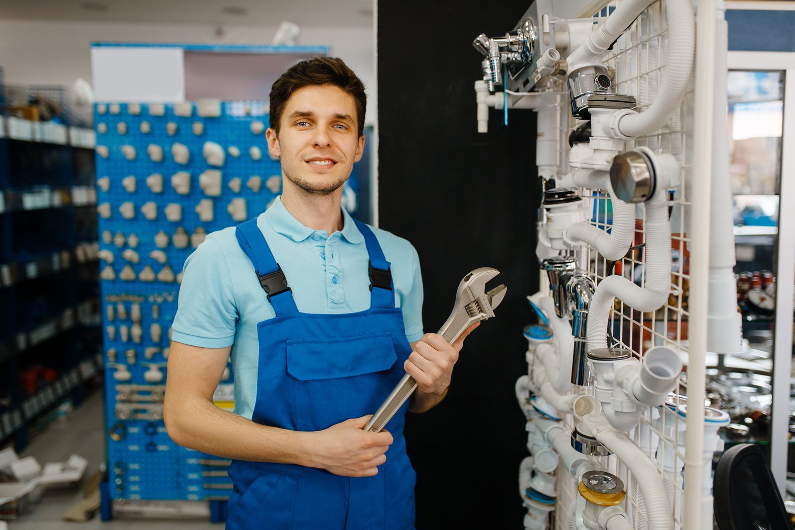 plumber with pipe wrenches poses at the showcase